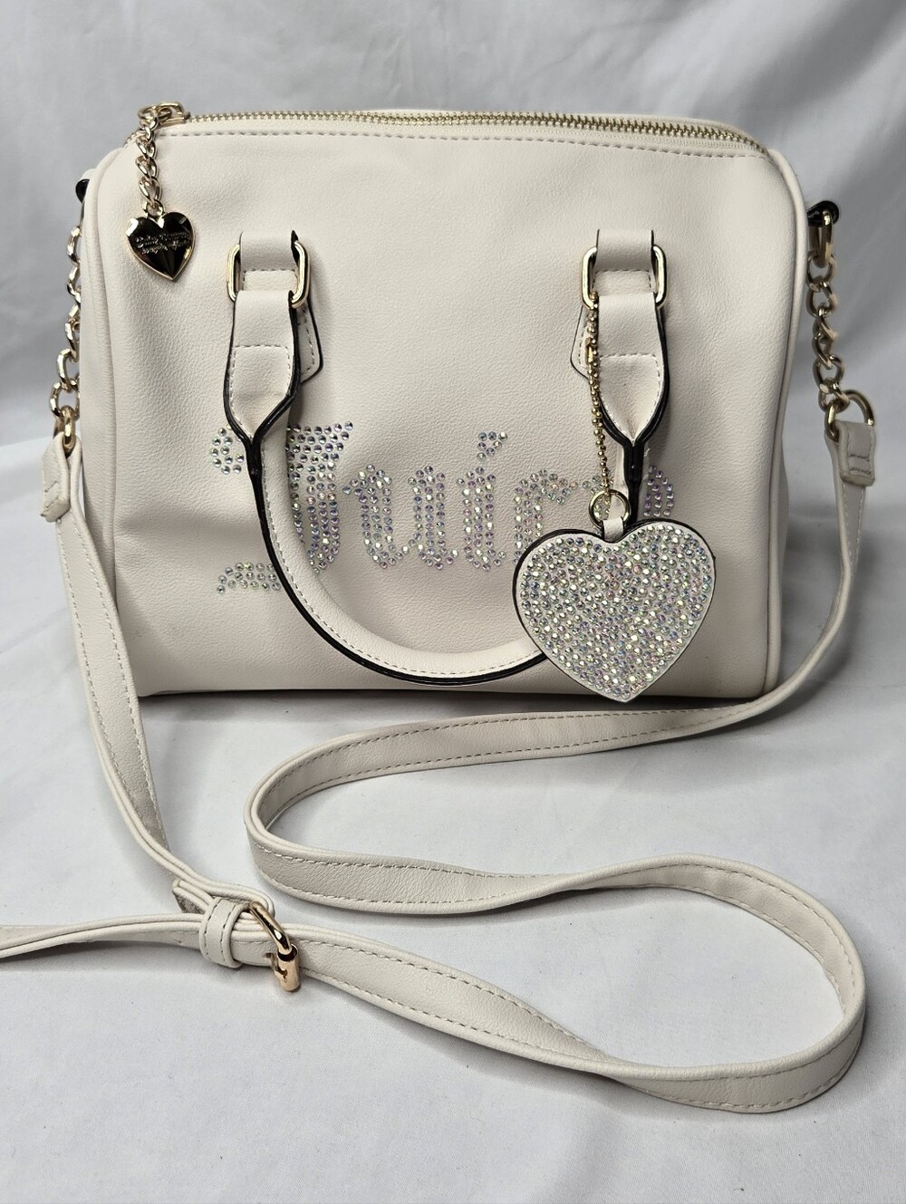 Juicy Couture Ivory Rhinestone Satchel Crossbody Bag Heart Charm Gold NWT